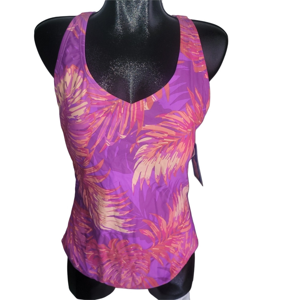 Speedo Purple and Pink Leaf Print Women's Criss Cross Back Swimsuit 18